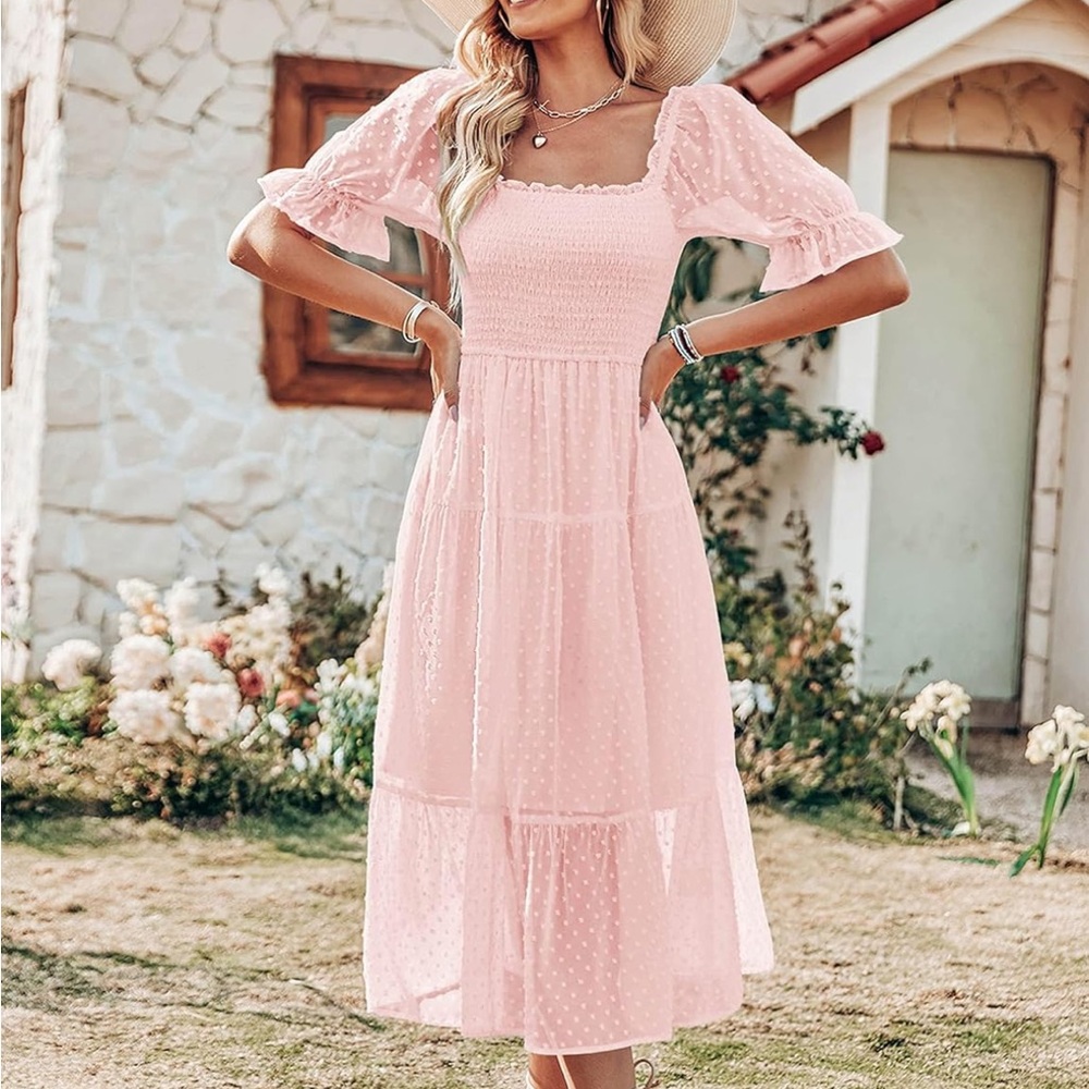 MEROKEETY Women's Boho Midi Dress Swiss Dot Ruffle Flowy Tie Back Dress